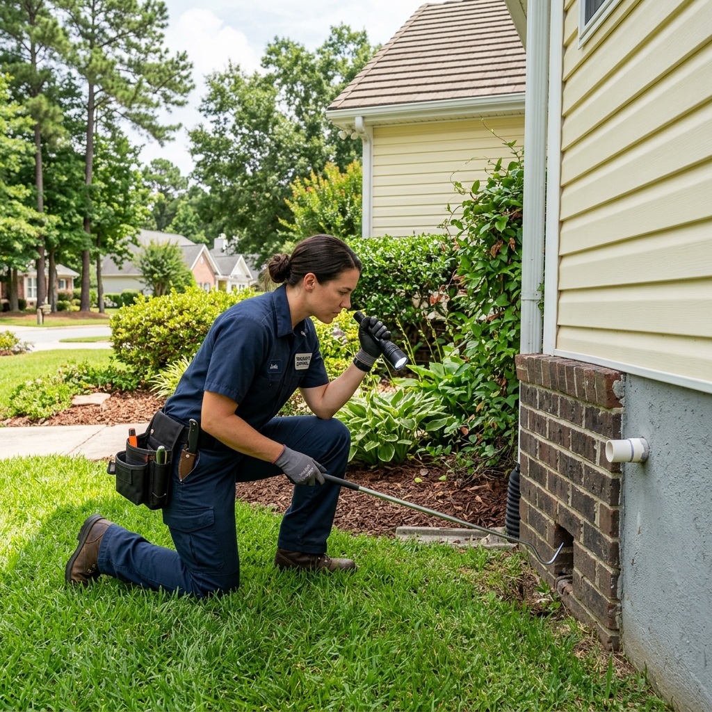Worker kneeling with a flashlight and a snake hook beside a crawl space vent on a brick foundation