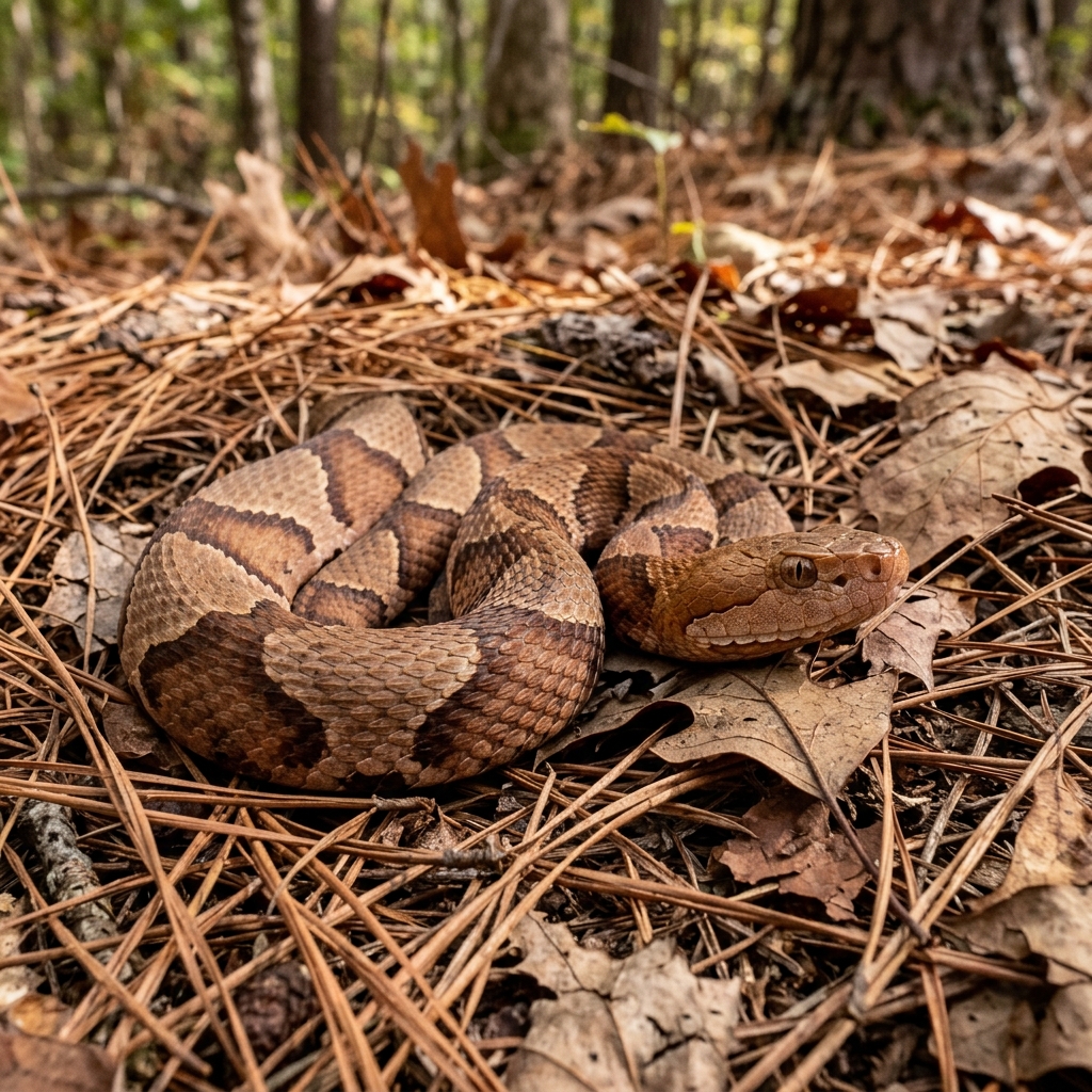 Copperhead coiled in pine straw and fallen leaves