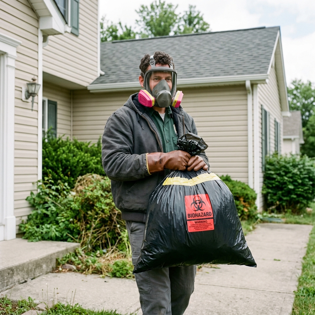 Worker in a respirator carrying a sealed biohazard bag