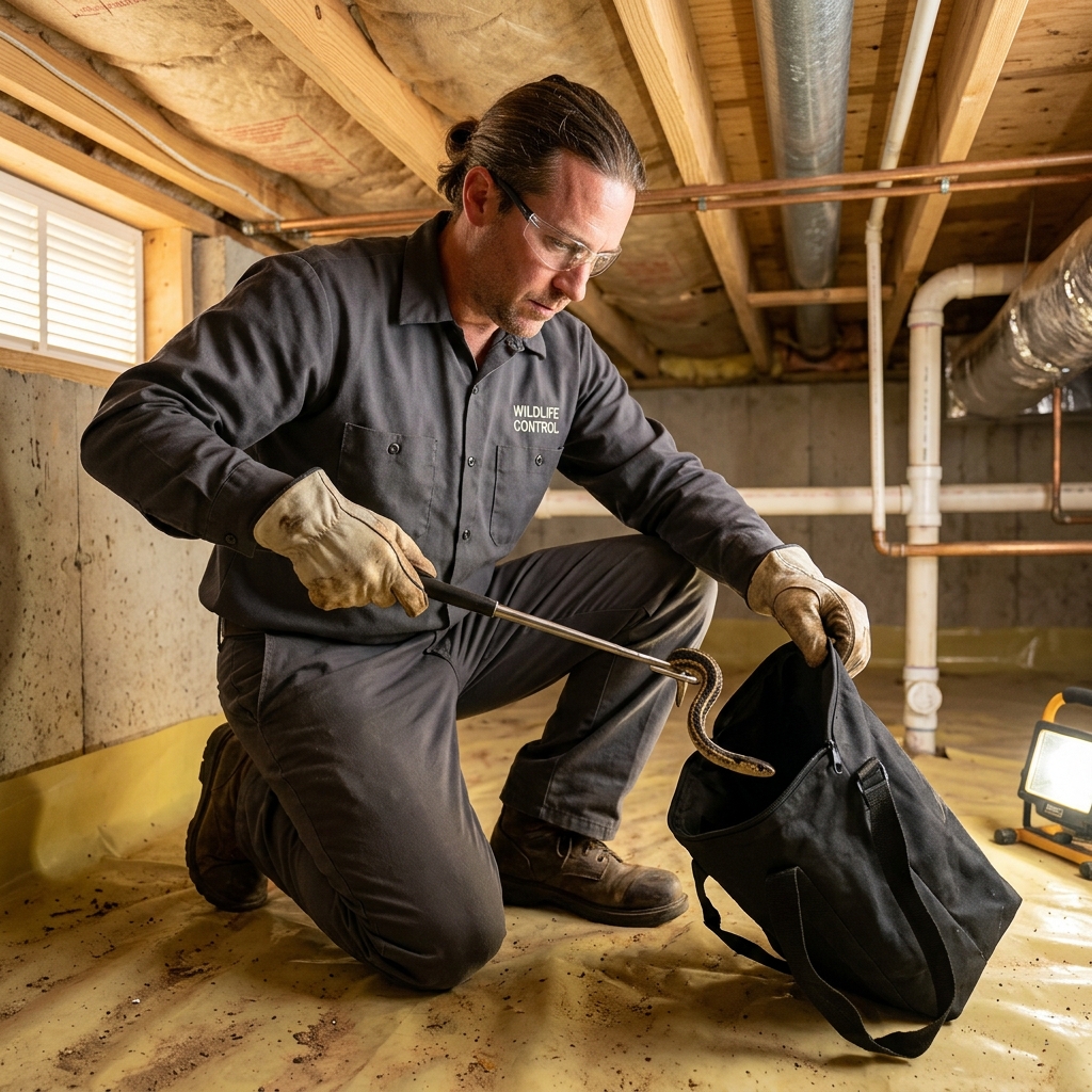 Worker in heavy gloves using a snake hook to lower a snake into a bag in a crawl space