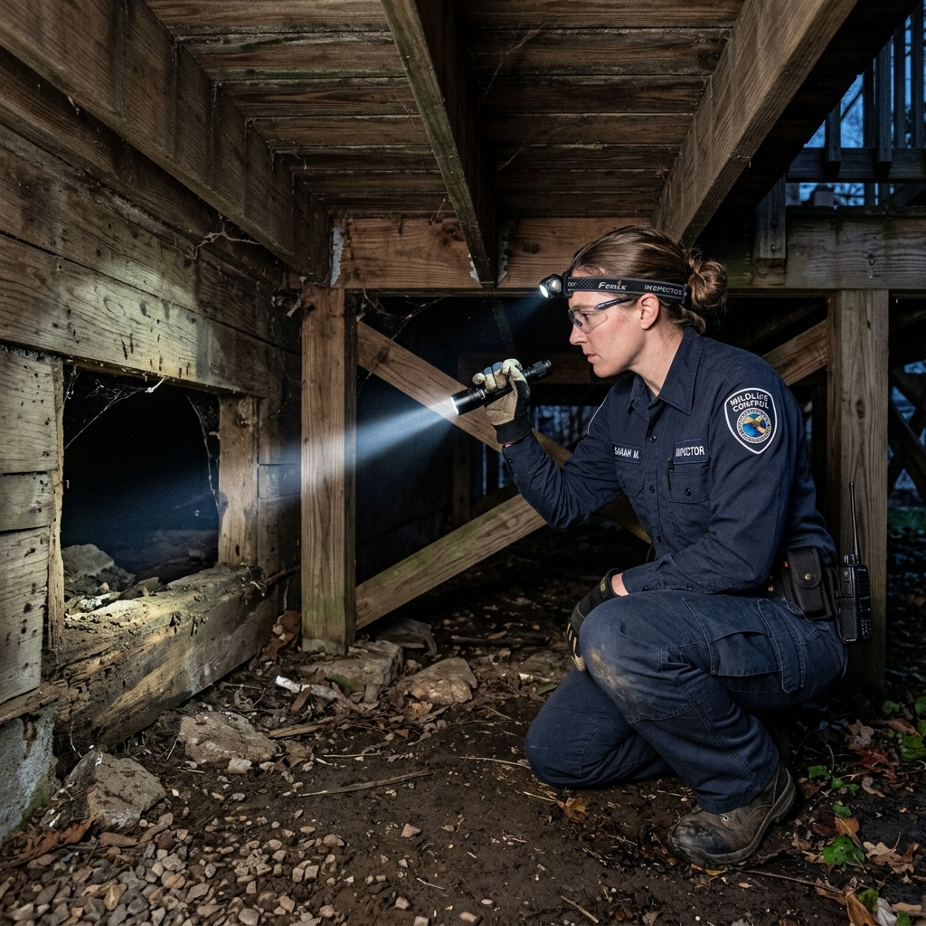 Inspector shining a flashlight into a dark crawl space under a deck
