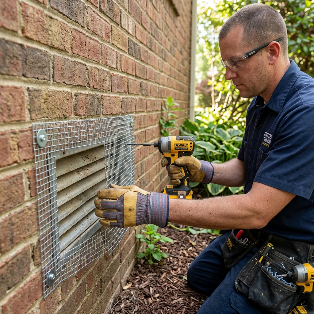Gloved hands fastening wire mesh over a crawl space vent with a cordless drill