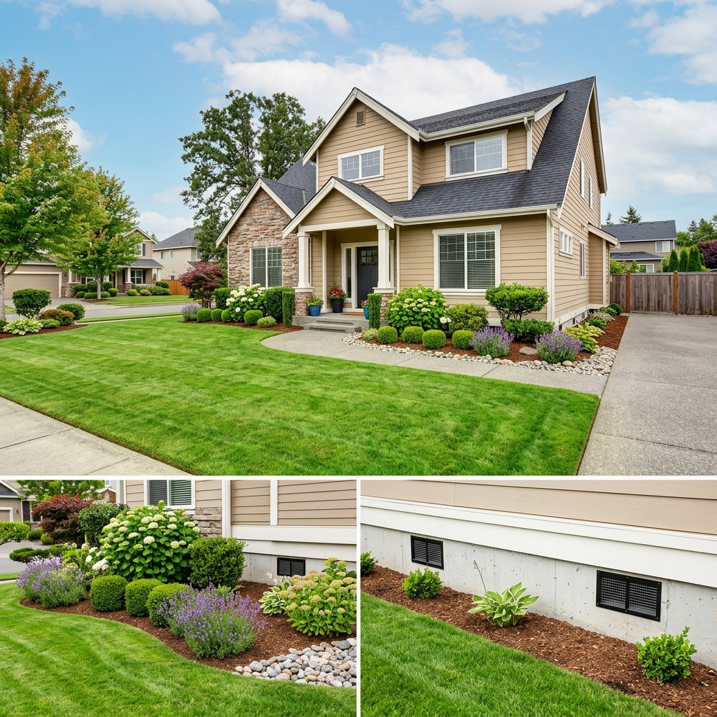 Tidy front yard with short grass, mulch beds and screened foundation vents